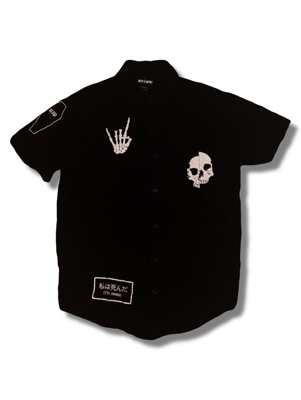 Edgy HOT TOPIC Black button up shirt with skull & skeleton hand design Sz Small